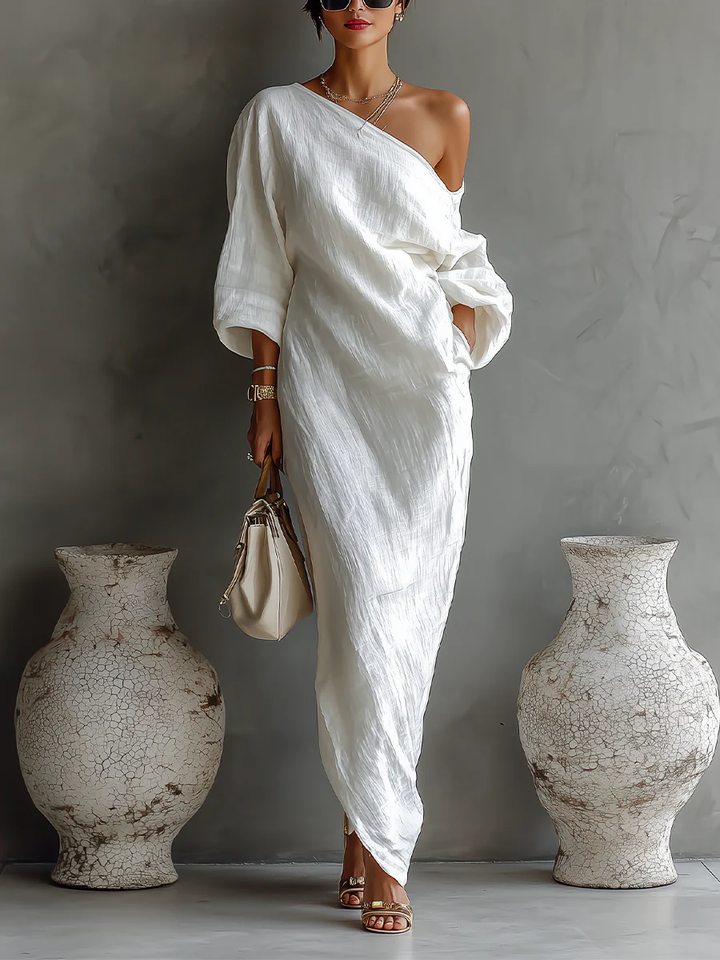 One-Shoulder Maxi Dress with Asymmetric Neckline and Full-Length Sleeve