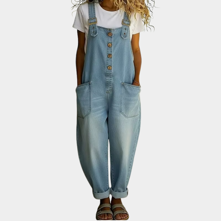 Wide-Leg Overalls with Adjustable Straps and Vintage Denim Aesthetic