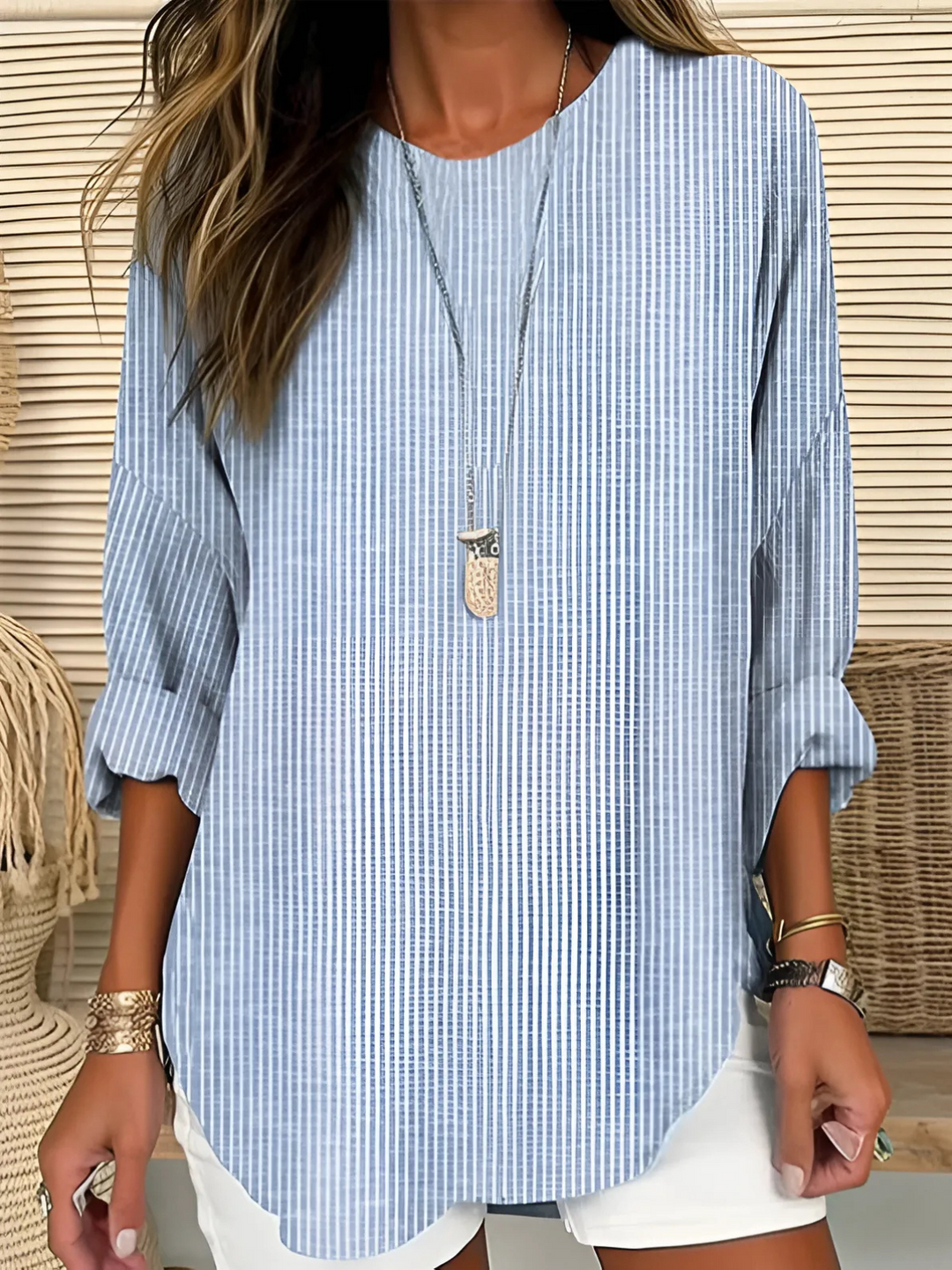 Striped Blouse with Crew Neckline and Long Sleeves, Relaxed Fit