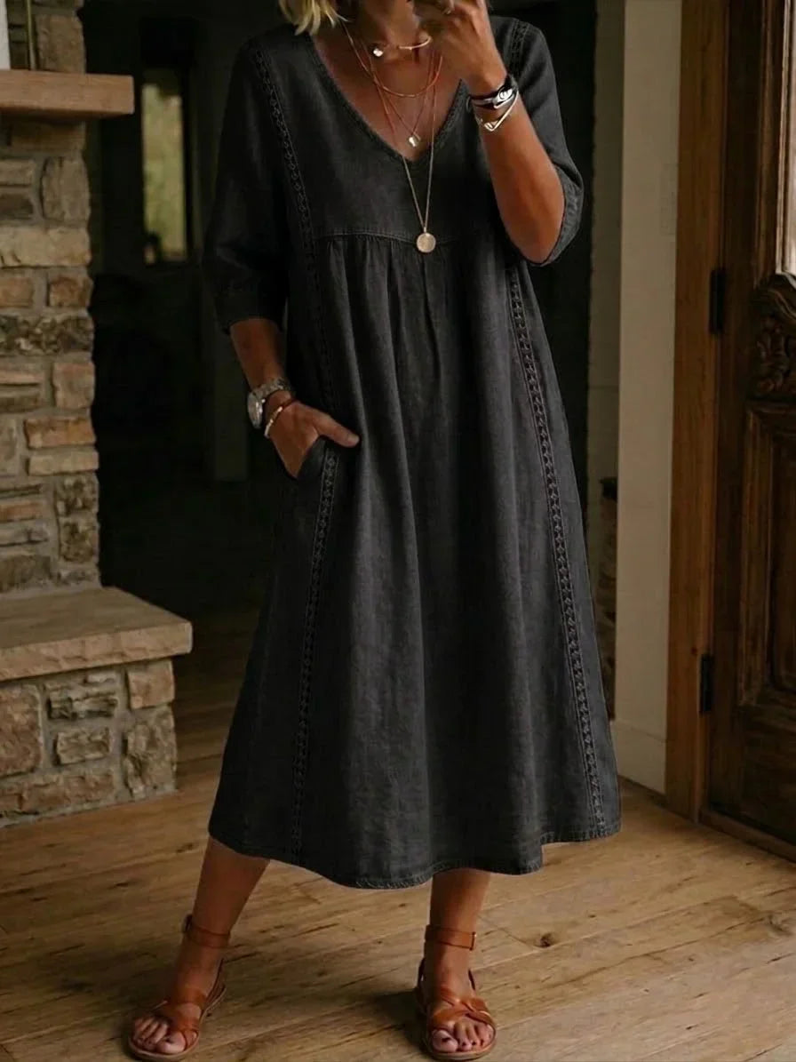 Midi Dress with V-Neckline and Three-Quarter Sleeves, Hidden Side Pockets