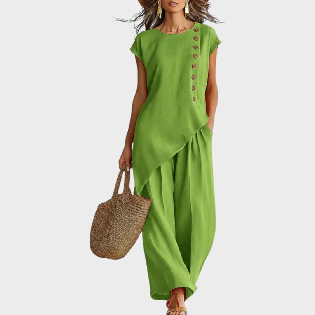 Asymmetric Top with Wide-Leg Pants and Button Accents, Breathable Fabric