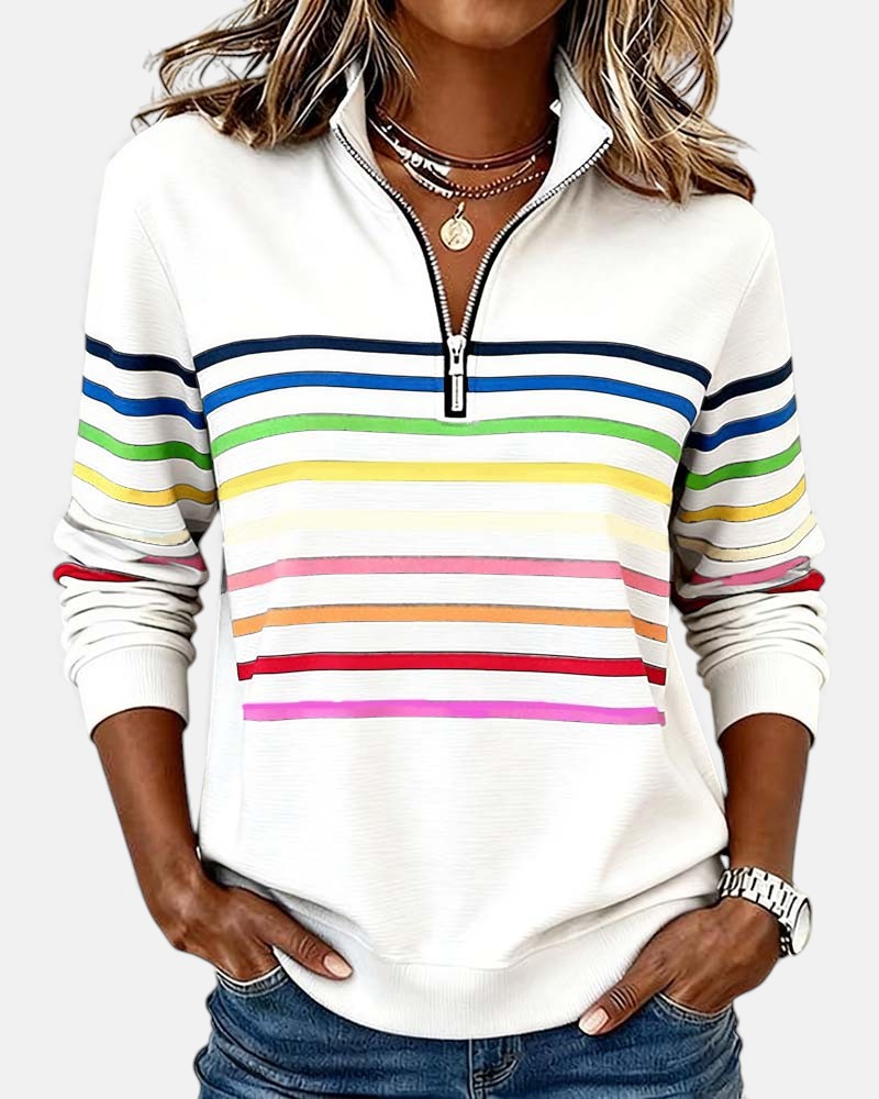 Rainbow Striped Half-Zip Sweatshirt with Stand-Up Collar