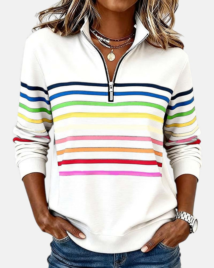 Rainbow Striped Half-Zip Sweatshirt with Stand-Up Collar