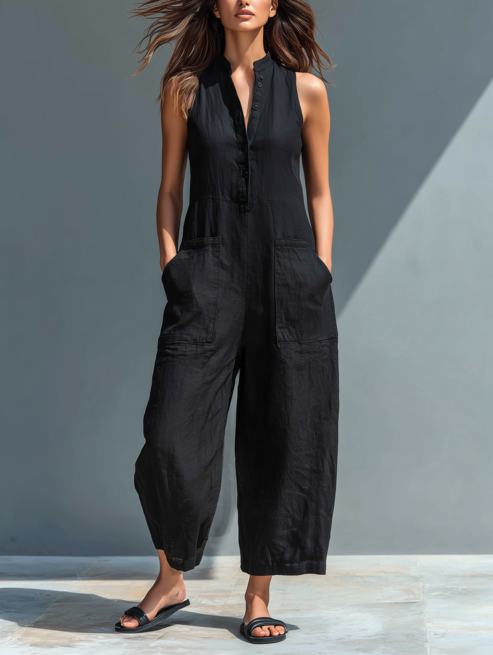 Sleeveless Jumpsuit with Mandarin Collar and Wide Leg Cut