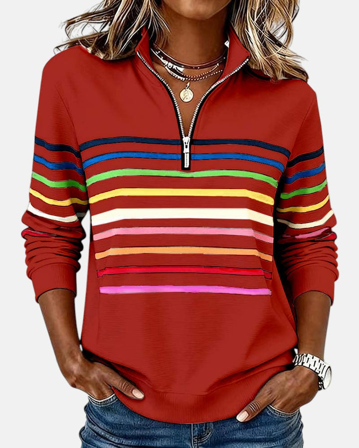 Rainbow Striped Half-Zip Sweatshirt with Stand-Up Collar