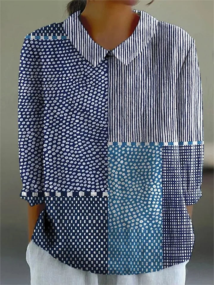 Geometric Color Block Blouse with Breathable Fabric