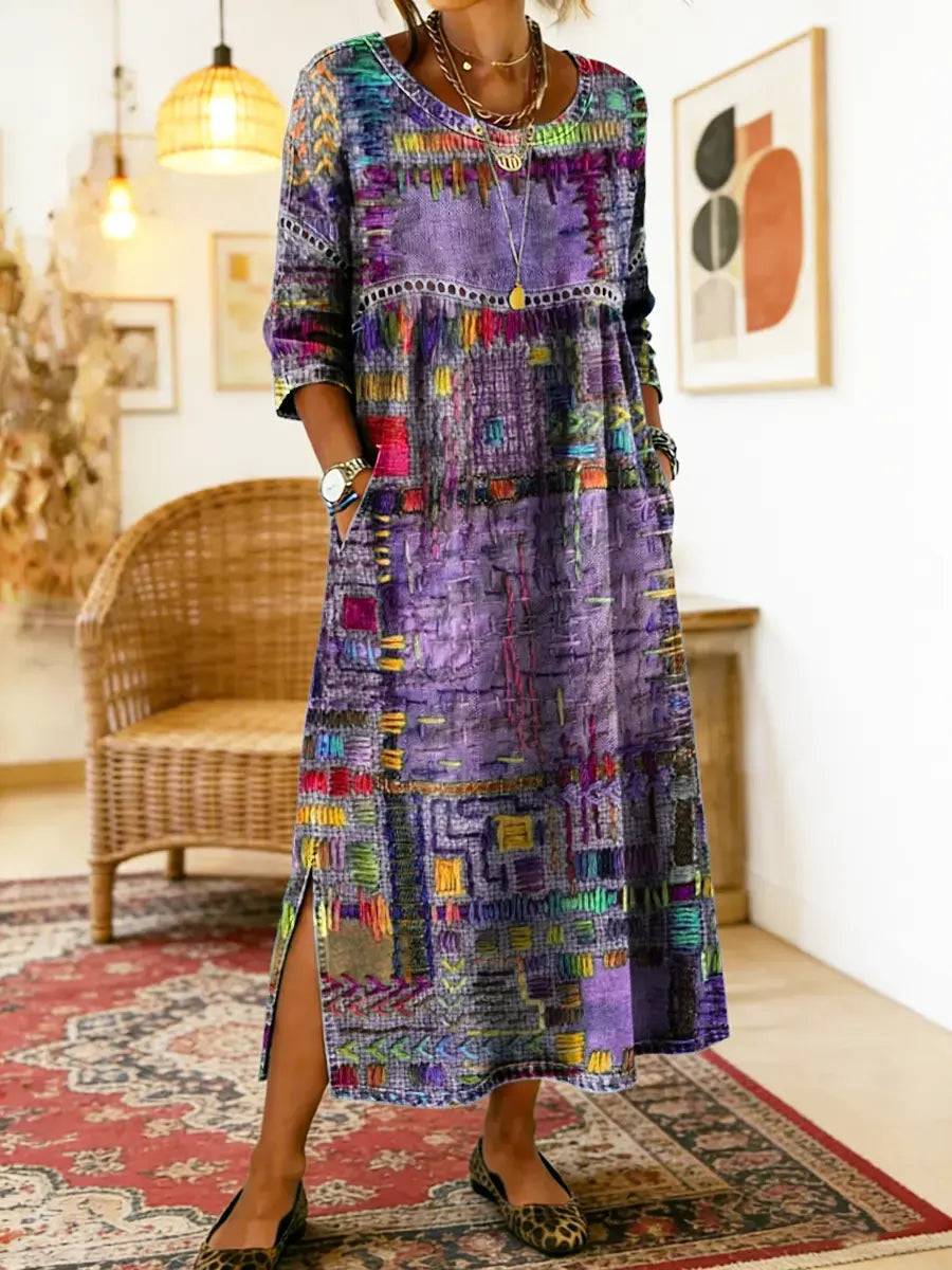 Printed Midi Dress with Long Sleeves and Relaxed Fit, Round Neckline