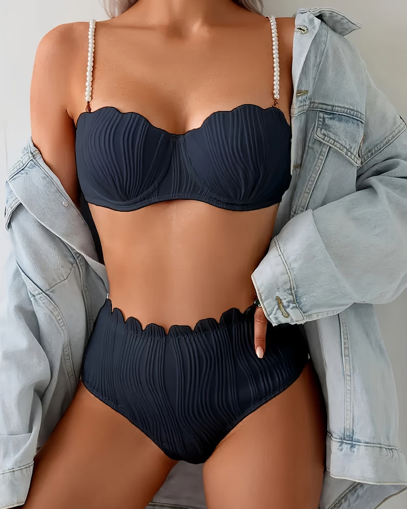Textured Bikini with Pearl-Adorned Straps and Scalloped Trim, Bowknot Accent