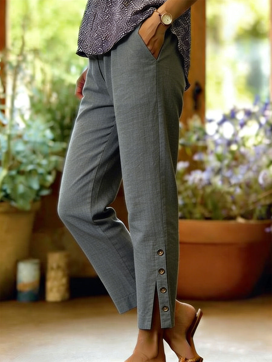 Tapered Ankle Trousers with Button Detail and Side Pockets