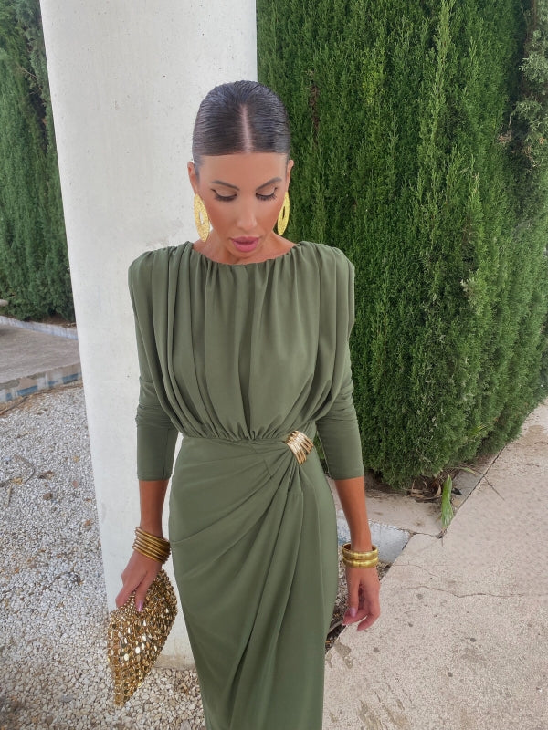 Emerald Green Midi Dress with Gold Waist Brooch and Button Collar