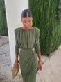 Emerald Green Midi Dress with Gold Waist Brooch and Button Collar
