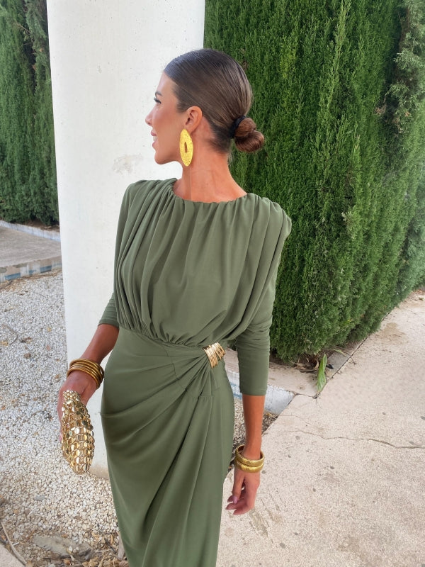 Emerald Green Midi Dress with Gold Waist Brooch and Button Collar