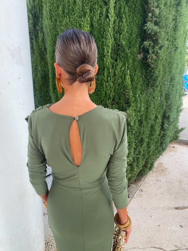 Emerald Green Midi Dress with Gold Waist Brooch and Button Collar