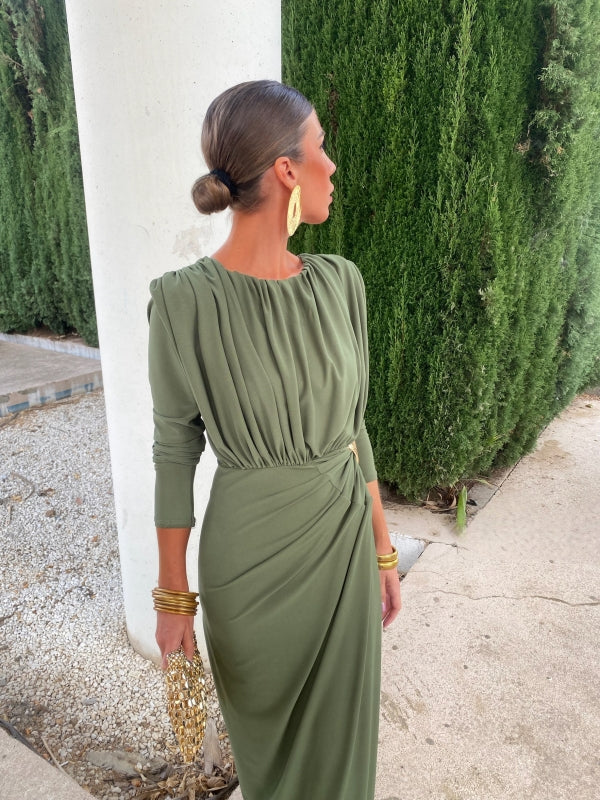 Emerald Green Midi Dress with Gold Waist Brooch and Button Collar