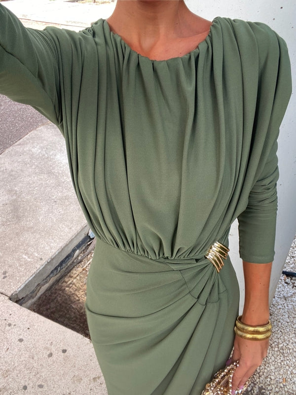 Emerald Green Midi Dress with Gold Waist Brooch and Button Collar