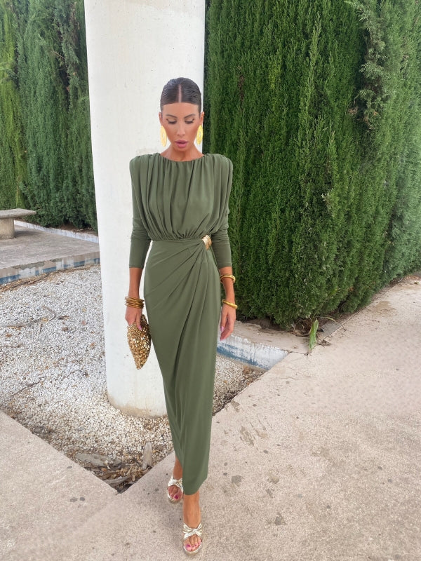 Emerald Green Midi Dress with Gold Waist Brooch and Button Collar