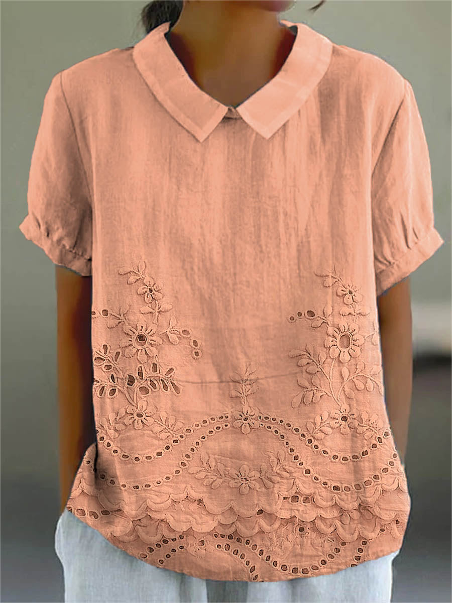 Soft Pink Shirt with Floral Embroidery at Hem and Cotton Linen Blend