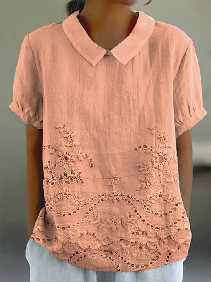 Soft Pink Shirt with Floral Embroidery at Hem and Cotton Linen Blend