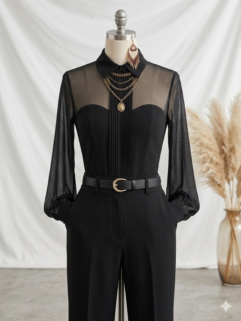 Women's Long-Sleeve Shirt with Collar and Cotton Blend, Over-Hip Length