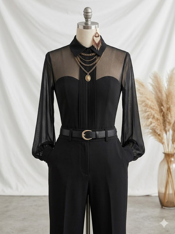 Women's Long-Sleeve Shirt with Collar and Cotton Blend, Over-Hip Length
