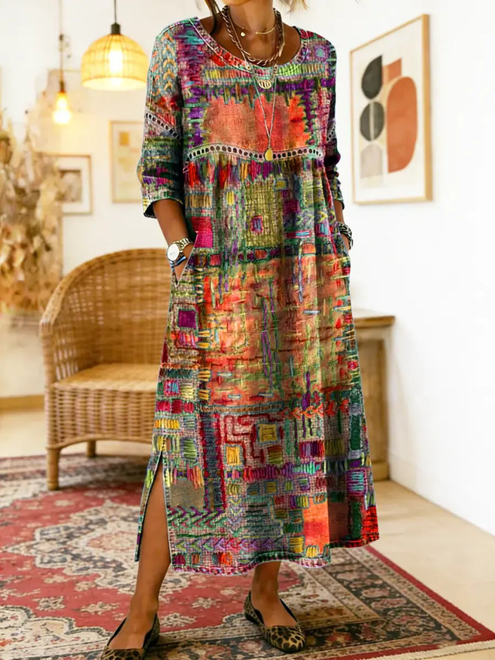 Printed Midi Dress with Long Sleeves and Relaxed Fit, Round Neckline