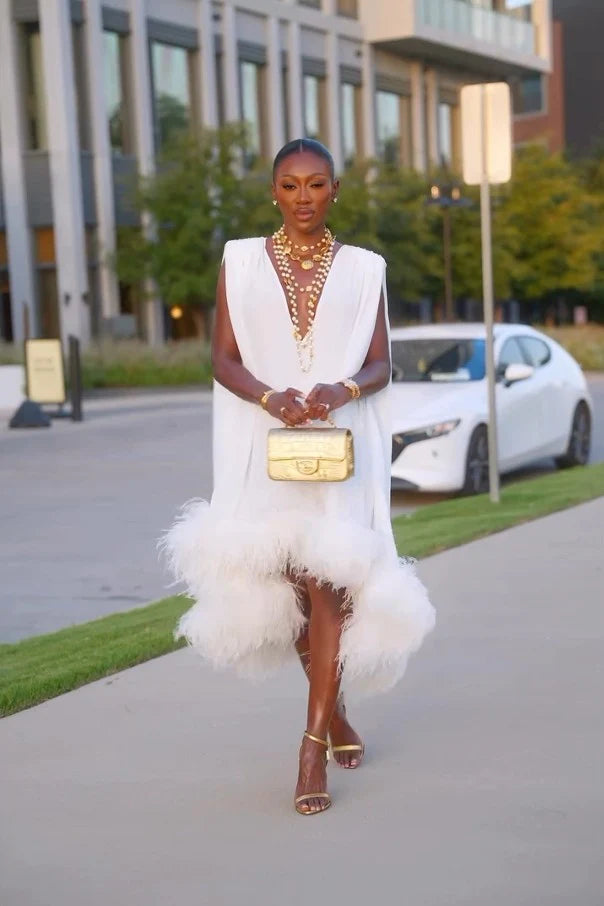 Midi Dress with Deep-V Neckline and Feather Hem Detail, White Sleeveless