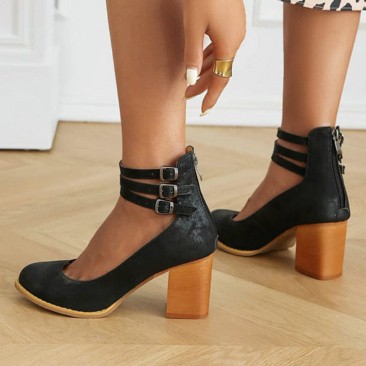 Ankle Strap Block Heel Shoes with Triple Adjustable Buckles