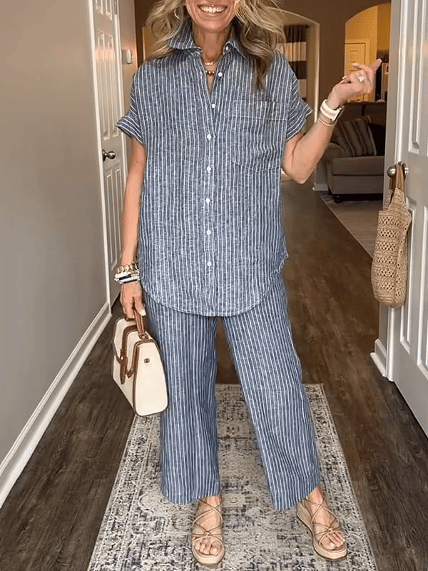 Striped Linen Cotton Shirt and Pants Set with Functional Pockets