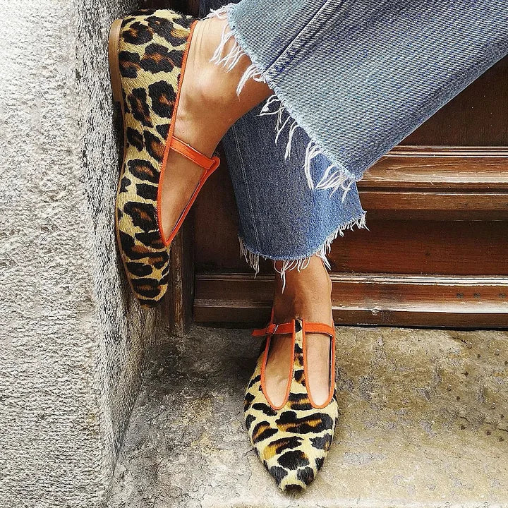 Leopard Print T-Strap Flats with Adjustable Closure