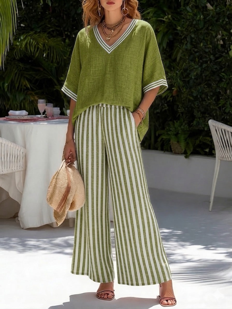 Two-Piece Linen-Blend Set with V-Neckline Top and Relaxed Pants