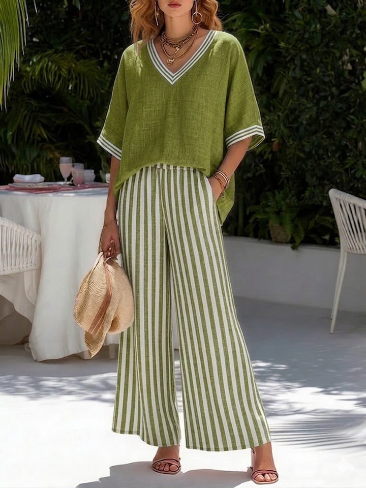 Two-Piece Linen-Blend Set with V-Neckline Top and Relaxed Pants
