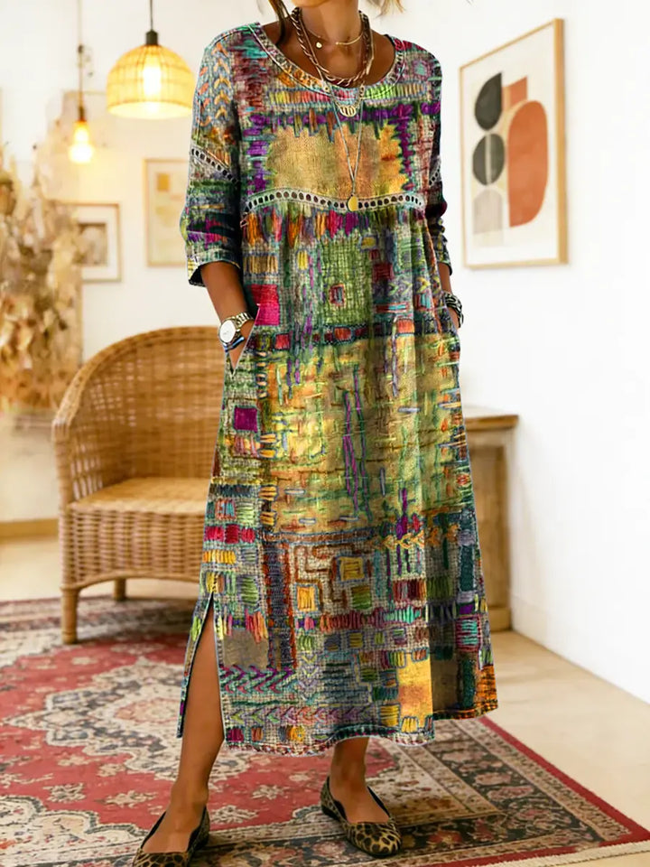 Printed Midi Dress with Long Sleeves and Relaxed Fit, Round Neckline