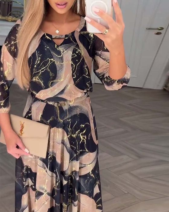 Printed Chiffon A-Line Maxi Dress with Round Neckline