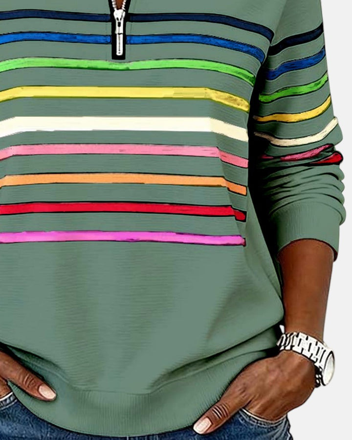 Rainbow Striped Half-Zip Sweatshirt with Stand-Up Collar