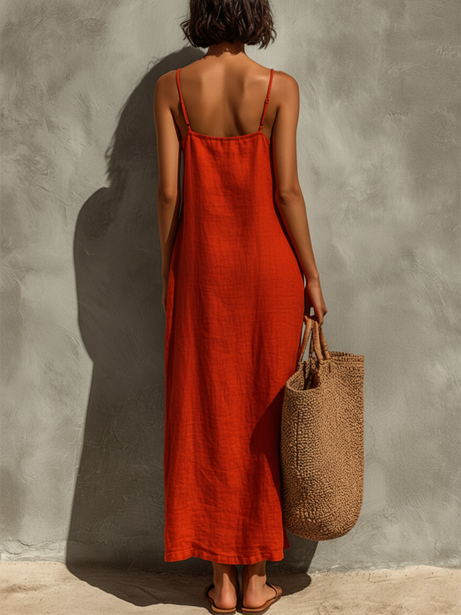 Women's Maxi Dress with Square Neckline and Adjustable Straps, Breathable Fabric