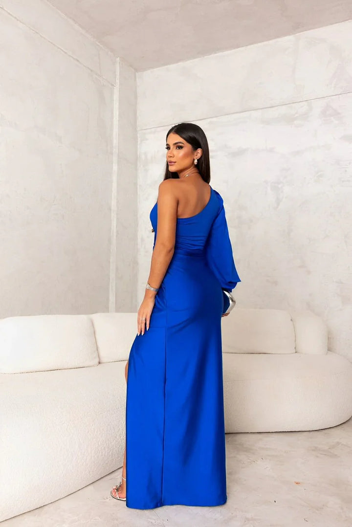One-Shoulder Green Maxi Dress with Open Sleeve and Front Slit
