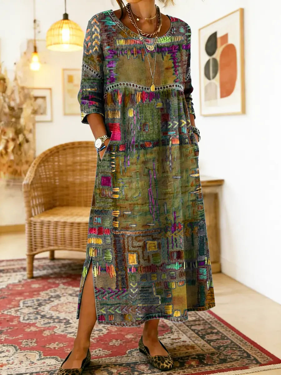 Printed Midi Dress with Long Sleeves and Relaxed Fit, Round Neckline