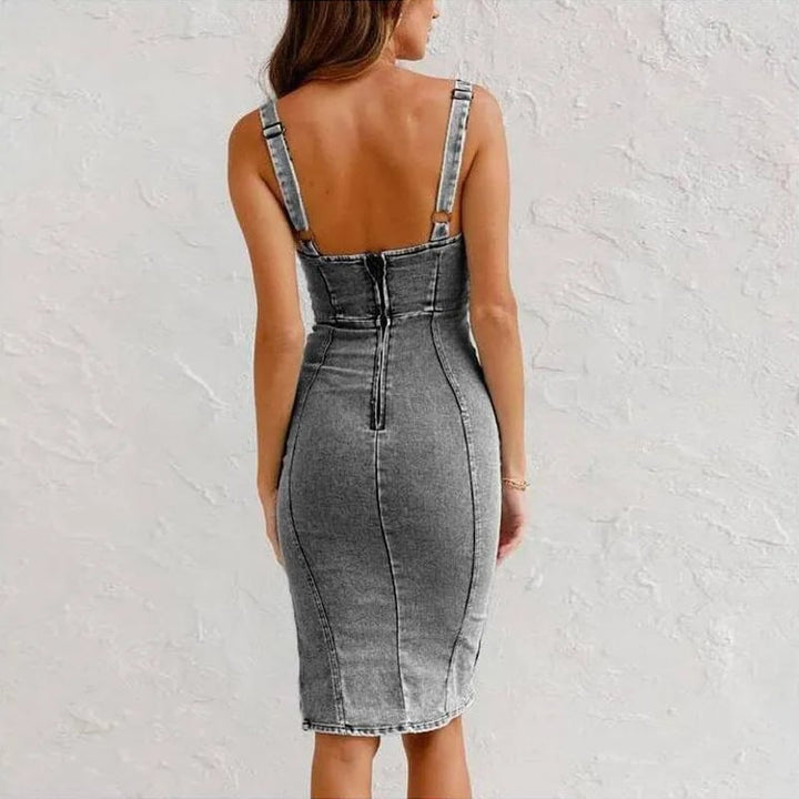 Sleeveless Stretch Denim Dress with U-Shaped Neckline and Adjustable Strap