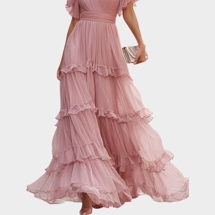 Maxi Dress with Tiered Ruffle Layers and Deep V-Neckline, Wrap Bodice