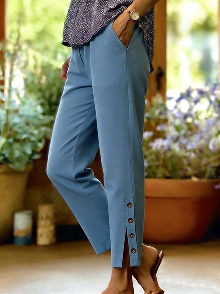 Tapered Ankle Trousers with Button Detail and Side Pockets