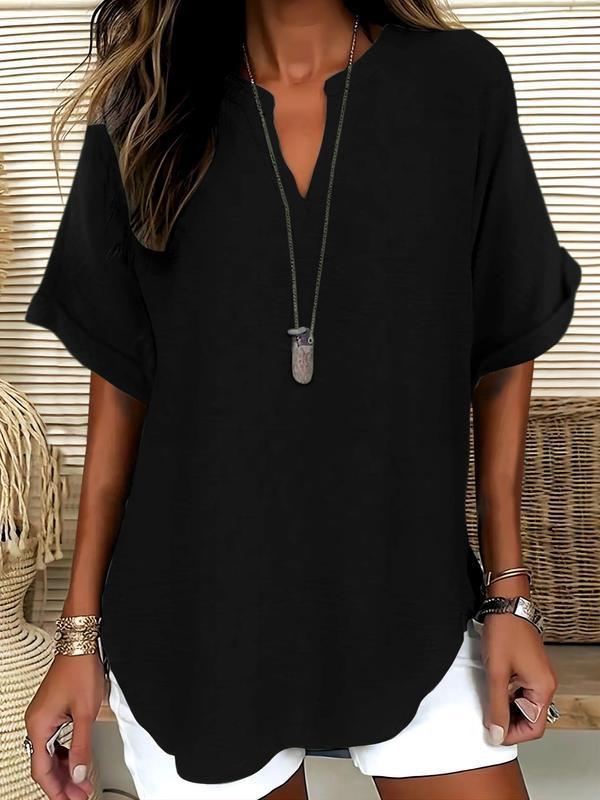 Breathable Notched-Neckline Blouse with Soft-Touch Fabric and Relaxed Fit