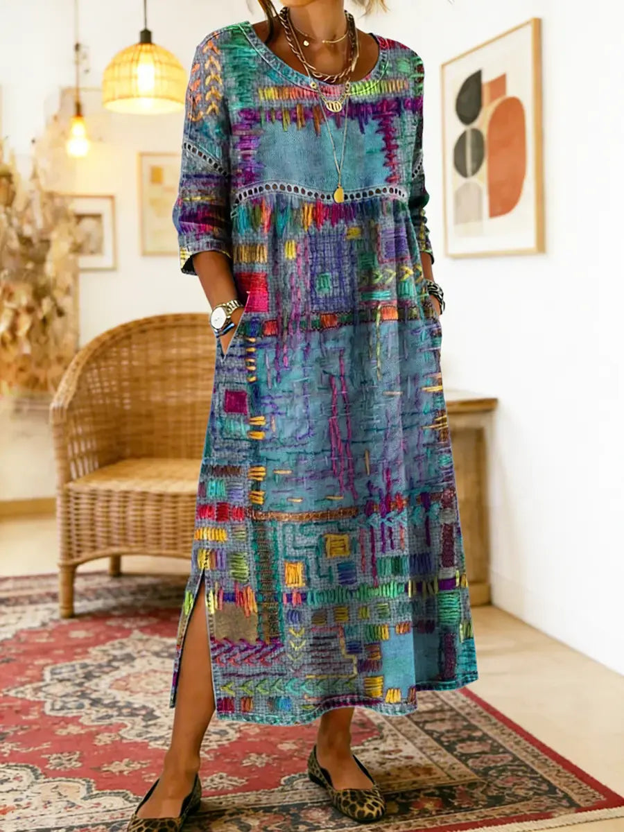 Printed Midi Dress with Long Sleeves and Relaxed Fit, Round Neckline