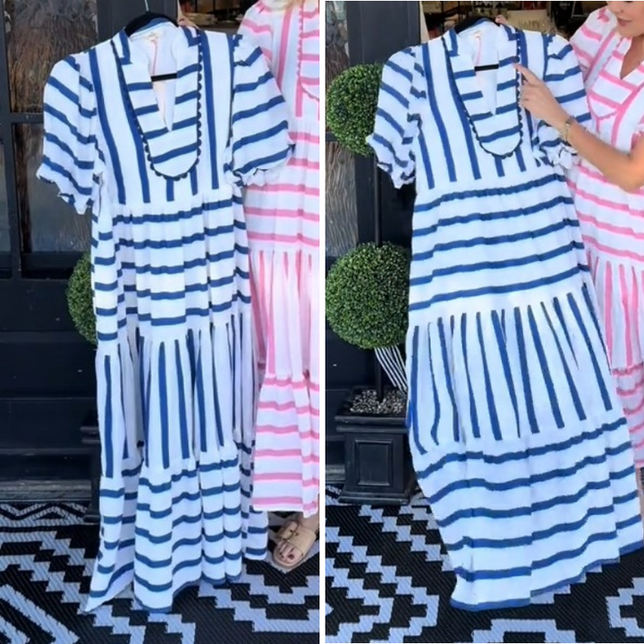 Midi Dress with V-Neckline and Striped Pattern, Polyester
