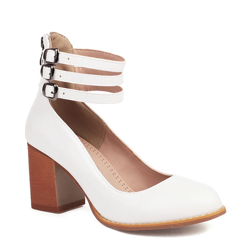 Ankle Strap Block Heel Shoes with Triple Adjustable Buckles