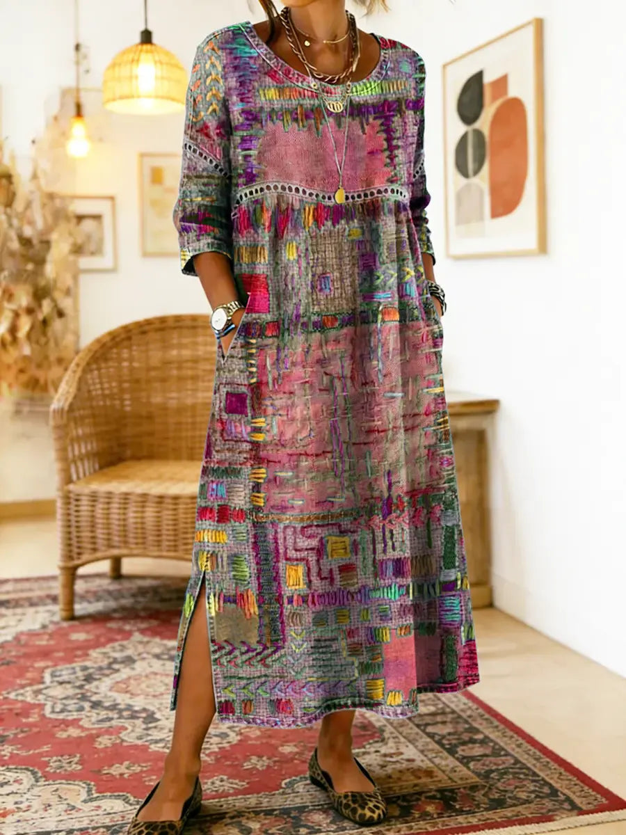 Printed Midi Dress with Long Sleeves and Relaxed Fit, Round Neckline