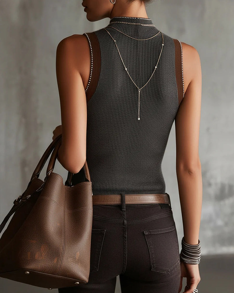 Cotton Blend Mock Neck Tank with Hot Drilling Accents and Wide Straps