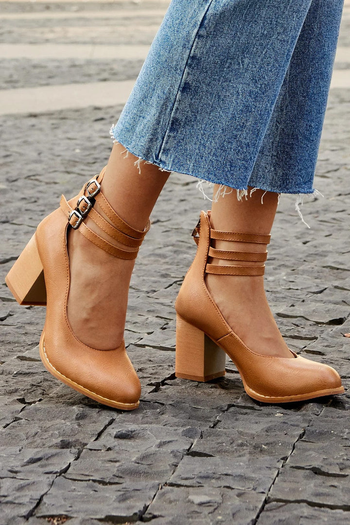 Women's Block Heel Sandals with Triple Ankle Buckle Straps and Adjustable Fit