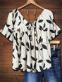 Women's V-Neck Top with Ruffled Trim and Leaf Print, Stretch Fabric