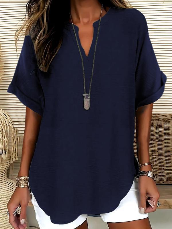 Breathable Notched-Neckline Blouse with Soft-Touch Fabric and Relaxed Fit