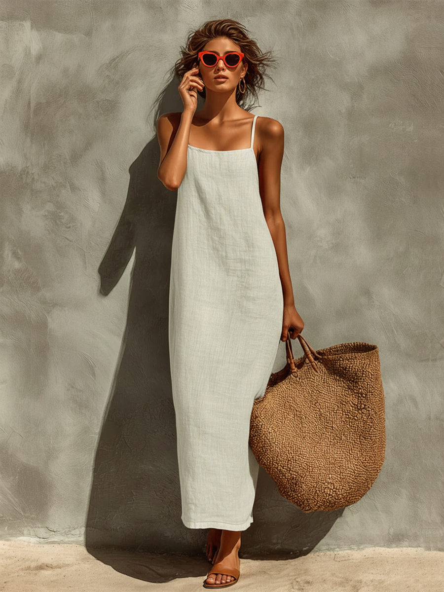 Women's Maxi Dress with Square Neckline and Adjustable Straps, Breathable Fabric